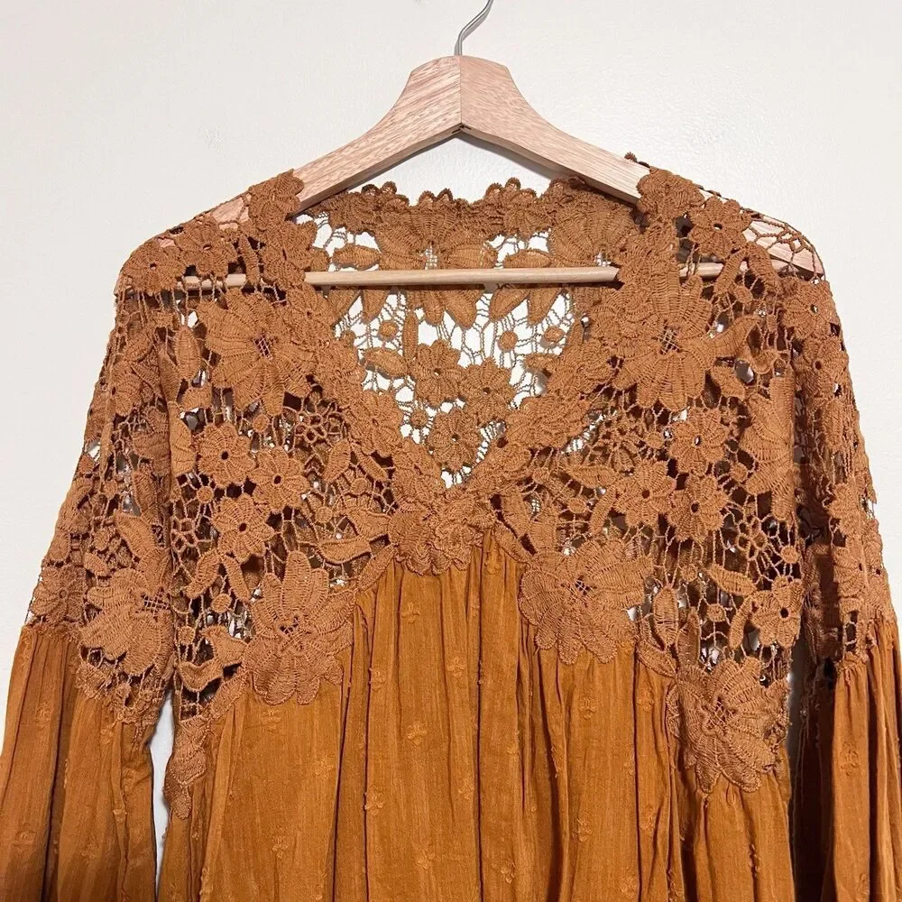 Free People Lina Lace Top Bronze XS Crochet Boho Romantic Long Sleeve Blouse